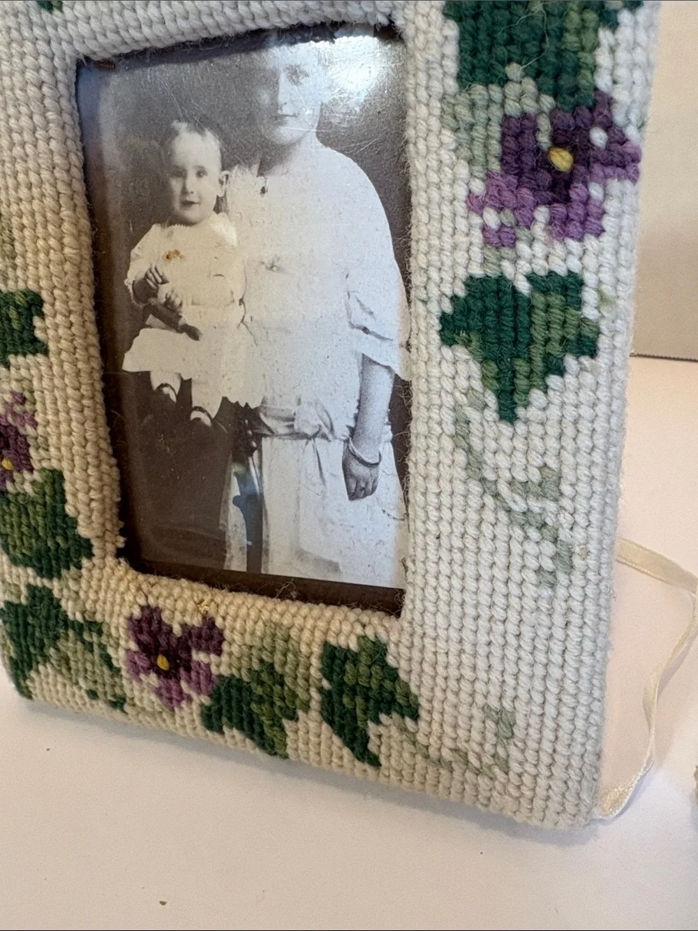 Vintage Handmade Floral Needlepoint Picture Frames - Pair of 2